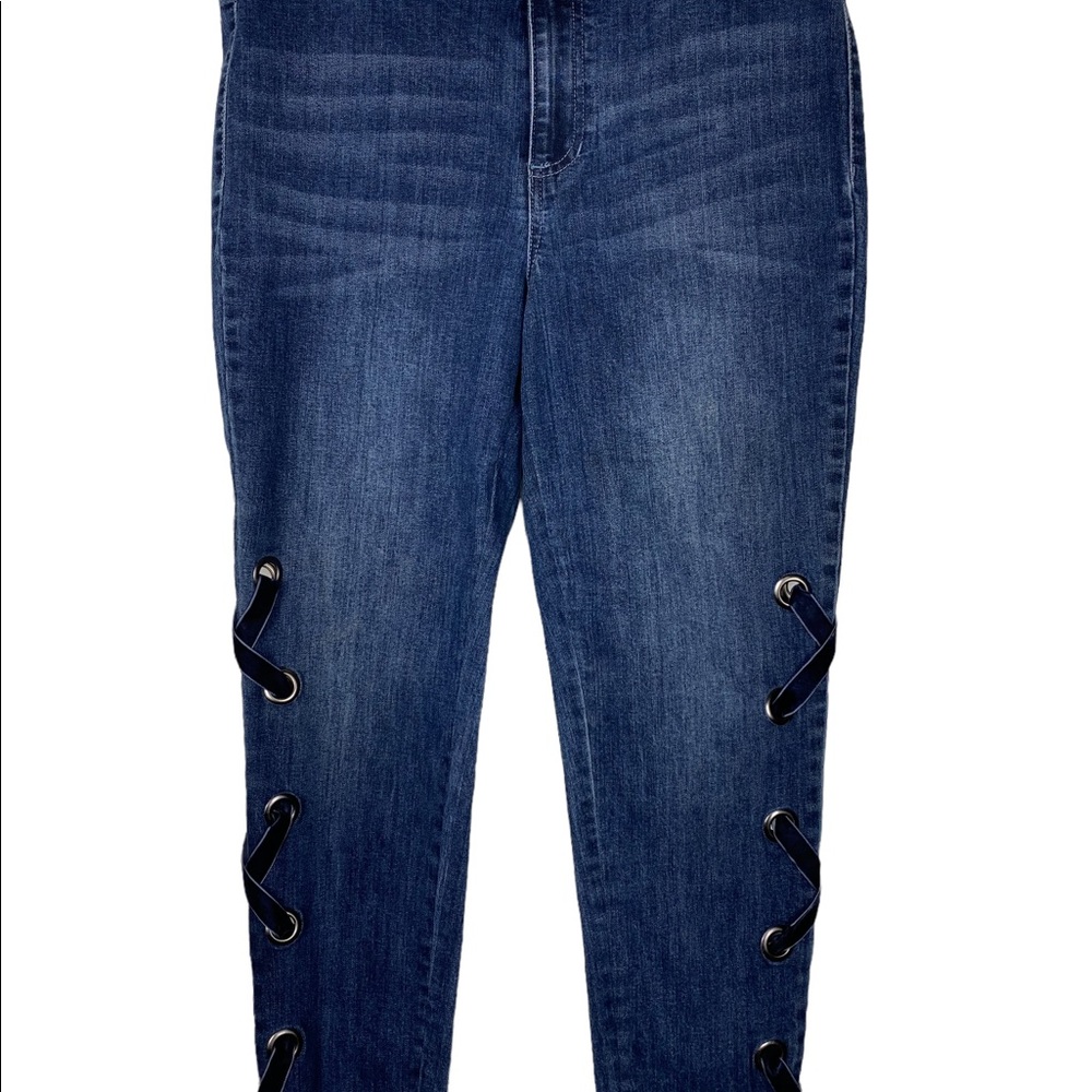 One 5 One Ribbon Corset Leg Raw Hem Mid Rise Dark Wash Denim Jeans 10